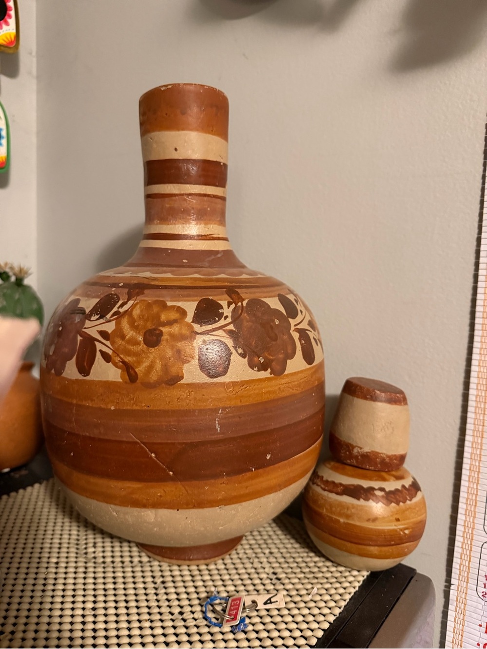 Vintage Mexican Artisan Carafe decanter Clay Jug Cantata Vessel Tonala Jug Set